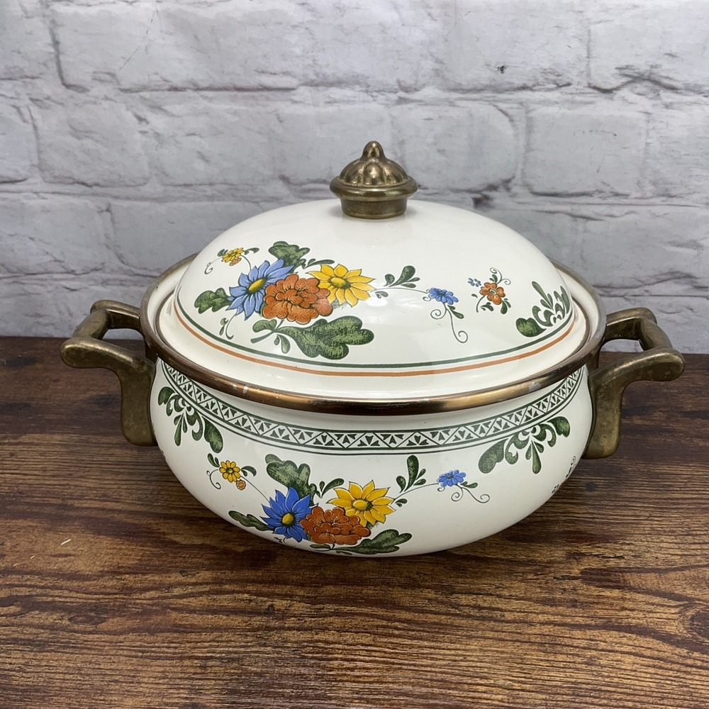 Vintage ASTA Floral Enamel Cookware Brass 8.5" Dutch Oven Casserole Pot